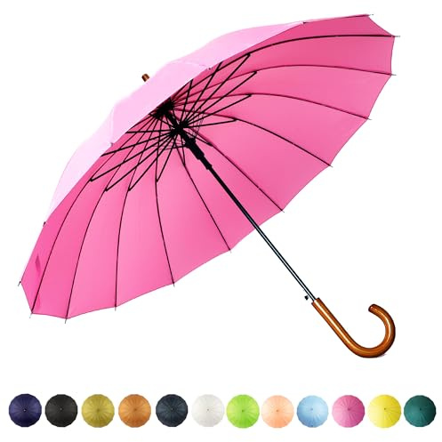SoulRain 16 Rippen 121,9 cm Stockschirm, automatisches Öffnen, einfarbig, modisch und einfach, bogenförmiger klassischer Holzgriff, winddicht, unzerbrechlich, Regenschirm (Rosa)