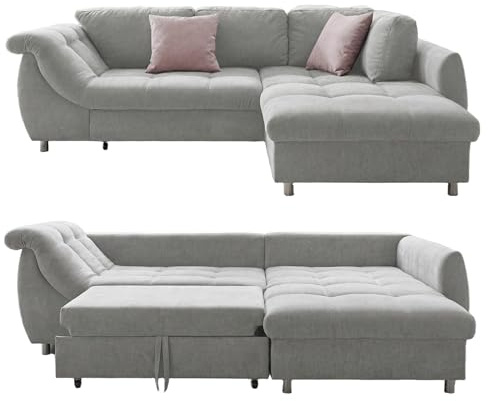 luma-Home 17003/ Ecksofa mit Schlaffunktion, Mikrofaser-Bezug Grau | B250/T190/H84 cm, Wellenunterfederung und Komfortschaum, Longchair Ottomane rechts, 2 Zierkissen Rosé