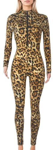 Maeau Damen Jumpsuit Einteiler Langarm Catsuit Leopard Figurbetont Overall Elastisch Stehkragen Playsuit Frontreißverschluss Bodycon Jumpsuit S