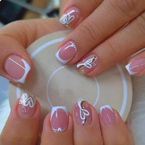 GlamRays Faux ongles à presser carrés moyens avec pointe française blanche, faux ongles étincelants dorés avec design cœur, colle pour ongles brillante de Saint-Valentin, lot de 24