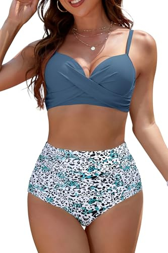 SHEKINI Women's Underwire Bikini Set High Waisted 2 Piece Swimwear | Ruched Waist Tummy Control Swimsuit, Twist Front Swimming Costumes, Push Up Bathing Suit, Adjustable Straps