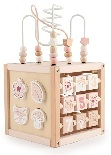Bieco REH Ella - Cubo motorio in legno sostenibile FSC®, giocattolo per bambini, a partire da 1 anno, cubo di attività Montessori