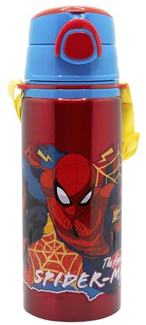 STOR Spider-Man Aluminium Vattenflaska 730ml Barn med Sugrör, Handtag och Rem - Återanvändbar Läcksäker Skolflaska Sport för Barn