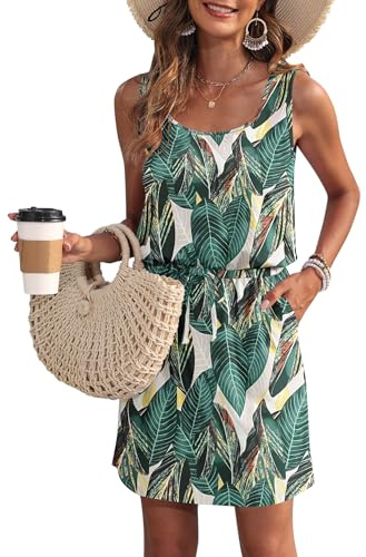 WNEEDU Summer Dresses Women UK Darwstring Beach Dresses Emprie Waist Sundresses with Pockets Leaf Print M