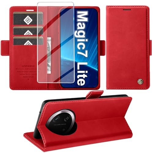 Cover per Honor Magic 7 Lite Custodia con Vetro Temperato, Premium Pelle PU Portafoglio Slot per Scheda RFID Antifurto Funzione Supporto Flip Case, Antiurto per Honor Magic 7 Lite 5G Cover (Rosso)