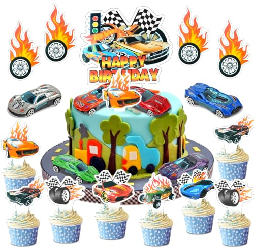 Cars Decorazioni Torta Compleanno, 23 Pezzi Car Cake Topper Compleanno con 6 Modelli di Auto Giocattolo, Torta a Tema Cars Decorazione, Cars Cupcake Topper per Bambini