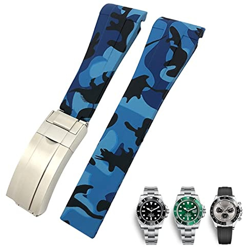 XMKT 20 mm 21 mm Gummi-Uhrenarmband passend für Submariner Rolex Daytona GMT Hamilton Sportarmband mit gebogenem Ende(Camouflage Blue,20mm)
