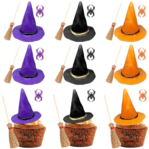 27PCS Halloween Witch Theme Cake Toppers Set, Mini Witch Hats Broomsticks & Spider Rings for Cupcake Decorations, Witch DIY Party Supplies, Wizard Birthday Cake Dessert Decor Party Favors for Girl Boy