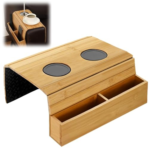 Sofa Armrest Tray Organizer - Couch Cup Holder with Double Pockets and Coasters, Large Capacity Anti-Slip Drink Holder, Foldable Bamboo Couch Arm Tray for Snacks, Phone, Remote Control, Magazine, Cup