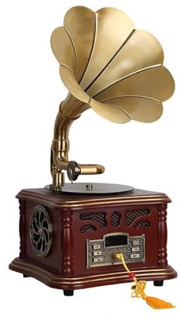 Axazcs Retro Bluetooth -Lautsprecher und Musikplayer, Grammophonform FM -Radio, Heimdeornamente aus Kupfer und Massivholz, unterstützt den U -Disk -Eingang