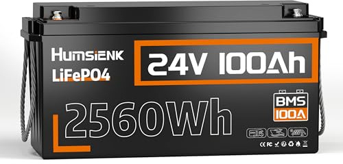 Humsienk Batterie Lithium LiFePO4 24V 100Ah avec BMS intégré 100A et Protection Basses Températures, Batterie Lithium à Décharge Lente pour Camping Car, Panneau Solaire, Bateaux Bass, Hors-Réseau