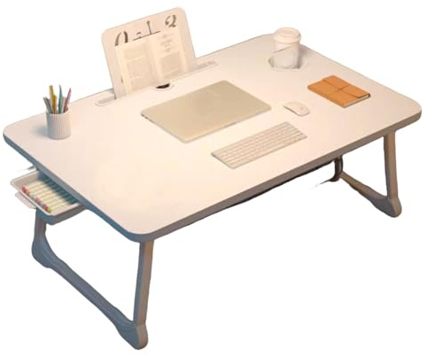 Tragbarer, faltbarer Laptoptisch mit Schublade und Getränkehalter, perfekt für Frühstück im Bett, Sofa oder Nachttisch, kompakt, 60 x 40 x 28 cm, stilvolles weißes Design