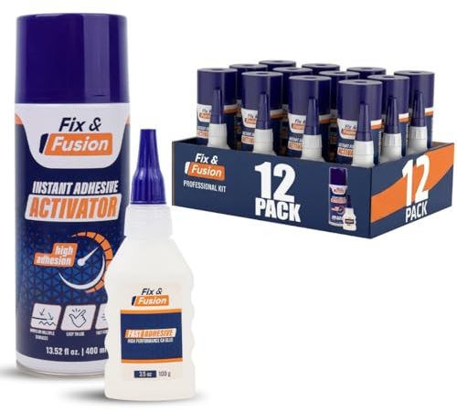 FIX & FUSION Set aus Sekundenkleber (100g) und Aktivatorspray (400ml) – Schneller Alleskleber für Holz, Kunststoff, Gummi, Metall & Keramik – Ideal für DIY, Reparaturen & Industrieanwendungen, 12 Pack