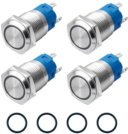 4PCS 16mm 12V bis 24V 3A Verriegelung Druckschalter mit LED Beleuchtung, Metallrastend EIN/AUS Schalter IP66 wasserdicht, 1NO1NC Selbsthemmend, für KFZ, Motorrad, Van (Blau)