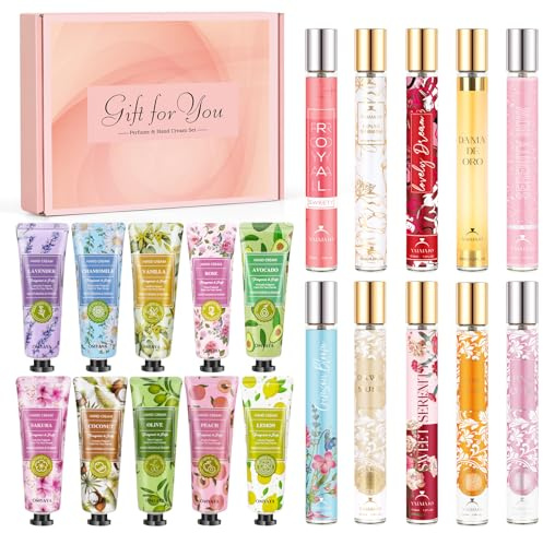 Coffret cadeau de parfum pour femme : 10x35ml mini parfums + 10 mini crèmes pour les mains, Eau de parfum pour femme aux notes florales et fruitées. Idéal comme cadeau pour un la Saint Valentin, Noël