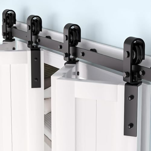 61CM Falttür Scheunentor Schiebetür Beschlag Set für 2×10 Bifold Türen, 61 cm Laufschiene, bis 90 kg, Schwerlast Stahl, Leise & Platzsparend, Schwarz