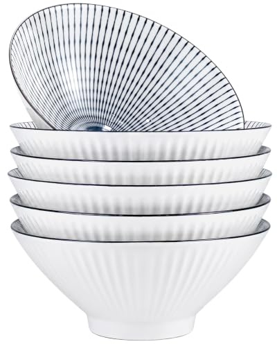 JTKDG Large Japanese Ramen Bowls Set of 6, 1100 ml Porcelain Noodle Bowls | Ceramic Soup Bowls, 21cm Japanese Noodle Bowls, Blue and White Pho Bowls, Microwave & Dishwasher Safe, Striped Pattern