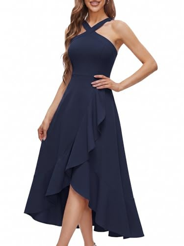 Fynadressr Women's Halter Neck Midi Dress Elegant Sleeveless High Low Ruffle Formal Cocktail Party Wedding Guest Dresses
