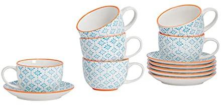 Nicola Spring Hand Printed Cappuccino Cups & Saucers Set - 250ml - Pack of 24 - Blue Stoneware Coffee Mug Set with Matching Saucers for Cappuccino, Latte, Espresso, Macchiato, Mocha & Hot Drinks