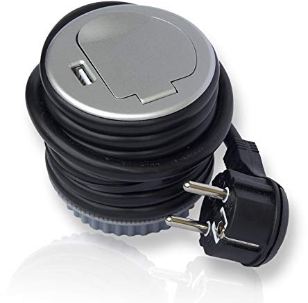 Vorex Uttag infällbart 1 x Schuko + USB för kök, kontor, möbler, skrivbord. Inbyggt uttag med 1,8 m kabel | 230 AC | IP20 | svart, silver | max 3 600 watt | 2,4 A, infällbar 1 x USB:silver