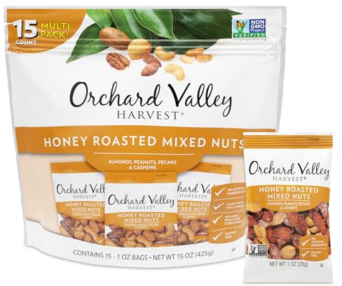 Orchard Valley Harvest Honey Roasted Mixed Nuts, 1 Ounce Bags (Pack of 15), Almonds, Peanuts, Pecans, and Cashews, Gluten Free, Non-GMO, No Artificial Ingredients