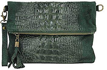 OBC Made in Italy Damen echt Leder Clutch Tasche Kroko Wildleder Handtasche Umhängetasche Ledertasche Schultertasche Fransen Cross-Over Dunkelgrün
