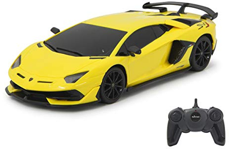 JAMARA 405187 - Lamborghini Aventador SVJ 1:24 2,4 GHz - licenza ufficiale, fino a 1 ora di viaggio a circa 9 km/h, dettagli perfettamente riproducibili, lavorazione di alta qualità, giallo