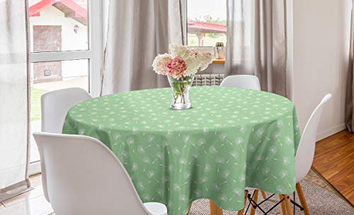 ABAKUHAUS Löwenzahn Runde Tischdecke, Schwimmender Blumensamen Kunst, Kreis Tischdecke Abdeckung für Esszimmer Küche Dekoration, 150 cm, Hellgrün und Weiß