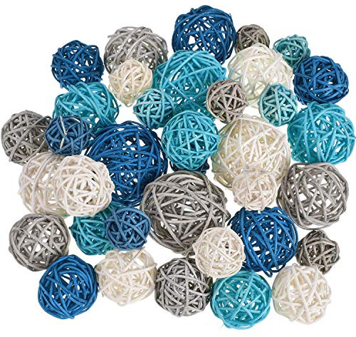 Patelai 36 Pcs Wicker Rattan Balls Decorative Balls for Vase Centerpiece Bowls Orbs Filler for Home Decor,4 Sizes (Dark Blue, Sky Blue, Gray, White,2.4'',2'',1.6'',1.2'')