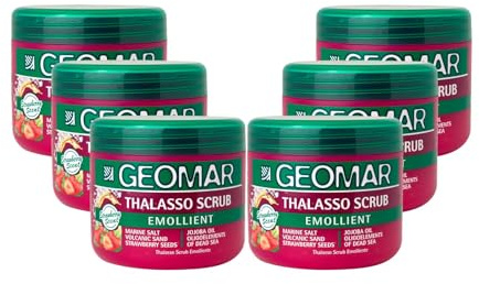 GEOMAR | Emollientes Thalasso Peeling, Tiefenerneuerung der Haut, Neuer Hauteffekt, mit Meersalz, Erdbeerkernen und Spurenelementen aus dem Toten Meer, Made in Italy, 6 x 600 g