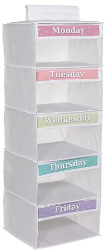 Three Sweet Peas Co Organizador semanal de ropa de 5 estantes para niños (33 pulgadas), día de la semana, día escolar, día de la semana, lunes a viernes, organizador color blanco