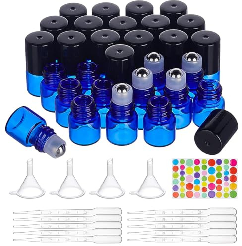 BENECREAT 30 Pack 1ml Azul Botellas para enrollar de vidrio, Botella Roll-on de aceites esenciales con bolas de rodillos de acero inoxidable
