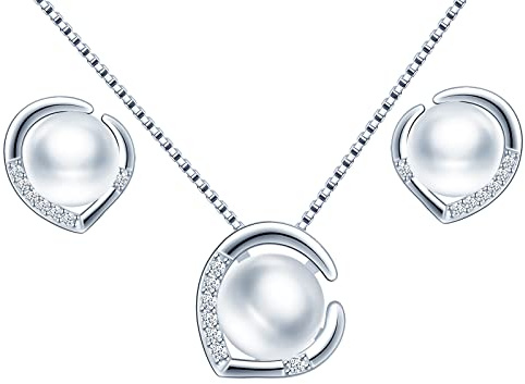 MOOFUN Zirkonia Perlen Halskette Ohrringe 925 Sterling Silber Damen Schmuck Kette Ohrstecker Ohrhänger Set Edle Verpackung Geschenke für Sie Frauen Freundin Mama Geburtstag Weihnachtstag Valentinstag