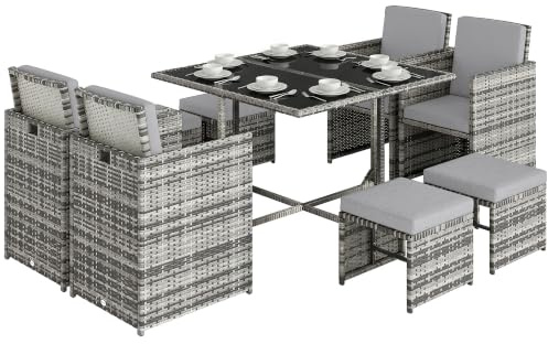 Outsunny 8 Seater Rattan Cube Garden Furniture Set, Space Saving Outdoor Dining Set with Cushions, Garden Table and Chairs with 4 Armchairs, 4 Footstools, Square Glass Top Table, Grey