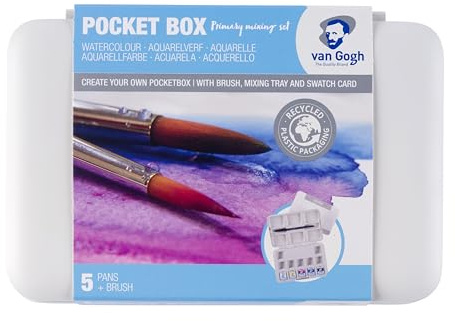 Van Gogh Watercolour Pocket Box Set, 5 Half Pans, Primary Colours Brush & Mixing Tray, High Pigmentation, Great for Artists