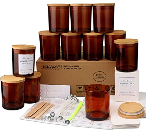 MILIVIXAY 12 Stück 284 ml bernsteinfarbene Glas-Kerzengläser mit Deckel und Kerzenherstellungs-Kits – leere Kerzengläser für die Herstellung von Kerzen – Gewürz-, Pulverbehälter
