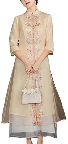 CHONG FENG XIA Cheongsam Abito Autunno Servizio di Tè Delle Donne Antico Vento Hanfu Etnico Vento Tang Vestito Vento Cinese, Beige, S