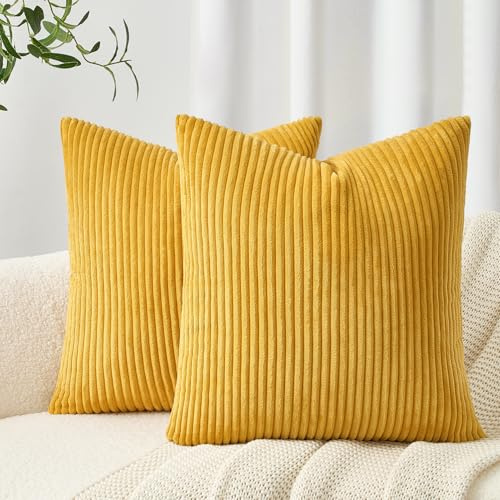 Topfinel Kissenbezug 50x50 Kordsamt 2er Set Gelb gestreiftes Muster Kissenbezüge Kissenhülle Dekokissen Sofakissen Couchkissen Dekokissen Zierkissenbezug Deko Kissenhüllen Wohnzimmer Schlafzimmer
