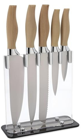 Primal Internet GmbH Küchenmesser Set scharf Edelstahl | Messerset Küche 5-teilig mit Holzgriff & Halterung | Geschenkidee