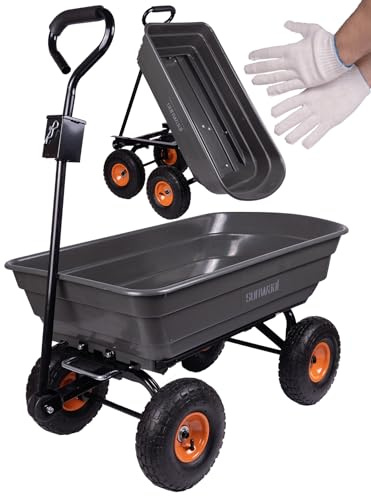 Sunwaal Gartenwagen, Transportanhänger, Handwagen mit Kippfunktion Biz zu 300kg, Volumen 75 L, Kippwagen, Pendelachse, aufblasbare Räder