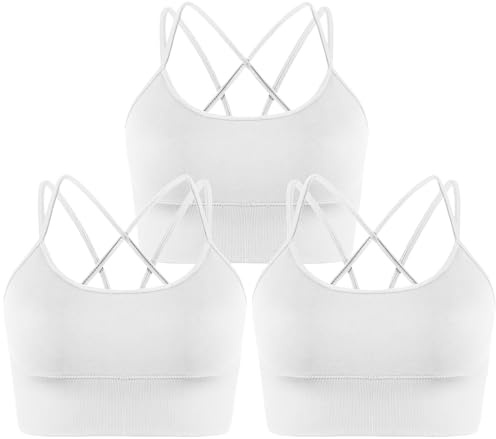 Memoryee sport-bh kvinnor vadderad korsad rem icke-trådbunden push-up medium påverkan väst magtröja för löpning yoga dans, Vit x 3, XXL
