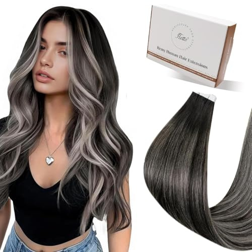 Hetto Extensiones Adhesivas Pelo Natural Balayage Negro 50 cm Extensiones Adhesivas Cabello Humano Natural Liso Recto Largo 20pcs 50g Negro a Plata #1B/S/1B