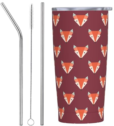Bicchiere da 20 once con coperchio e cannuccia, stampa volpe bordeaux bicchiere isolato in acciaio inox, tazza da caffè personalizzata bottiglia da viaggio