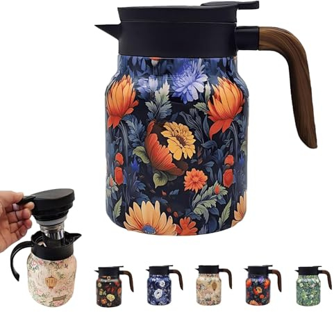 Raidley Vintage Floral Pattern Tea Thermos, 1000ML, Multicolor, Teapot with Infuser, Mini-Hot Coffee Pot, Stainless Steel Thermal Carafe with Lid for Hot Drinks