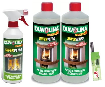 Diavolina Supervetro, Detergente Pulitore Specializzato ad Azione Extra Forte per Pulire a fondo i Vetri di Camini e Stufe dalla Fuliggine con Accendino GM (Kit 2,5lt)