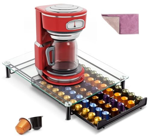Myiosus Porte Capsule de Café pour Nespresso 60 Capsules, Tiroir de Rangement Capsule Nespresso avec Présentoir en Verre, Distributeur Capsules avec Support Antidérapante pour Maison, Bureau