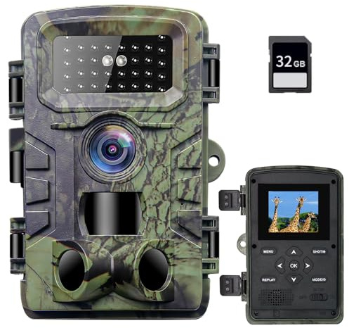 OBEST Cámara de caza de animales salvajes 4K, cámara de vídeo para animales salvajes, visión nocturna, tiempo de disparo de 0,2 s, cámara de caza por infrarrojos con tarjeta SD 32G, cámara de trail