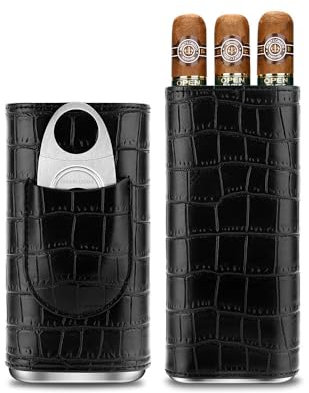 CIGARLOONG 3 Tubes Cigar Case Humidor, Cigar Box with Cigar Cutter Stainless Steel, Leather Humidor Line with Cedar Wood Cigar Holder Accessories for Outdoor Travel (Black)