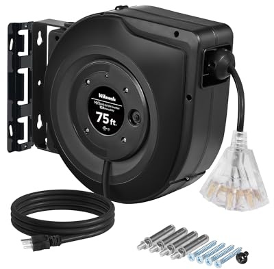 WILAWELS - Retractable Cord Reel, 75ft Heavy Duty Extension Cord, 14AWG/3C SJTOW, 3 Lighted Outlets with Triple Key, 10A Circuit Breaker, Wall Mounted