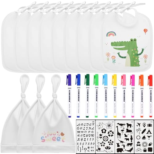 9STK Baby Lätzchen zum Bemalen(18*24cm) mit 3 Mütze Baby Lätzchen aus Baumwolle Doppelseitig Sabberlätzchen Wasserdicht ölbeständig mit 10 Farbigem Textilstift 4 Malen Schablonen für Babyshower Party